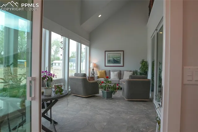 a living room with furniture and a potted plant
