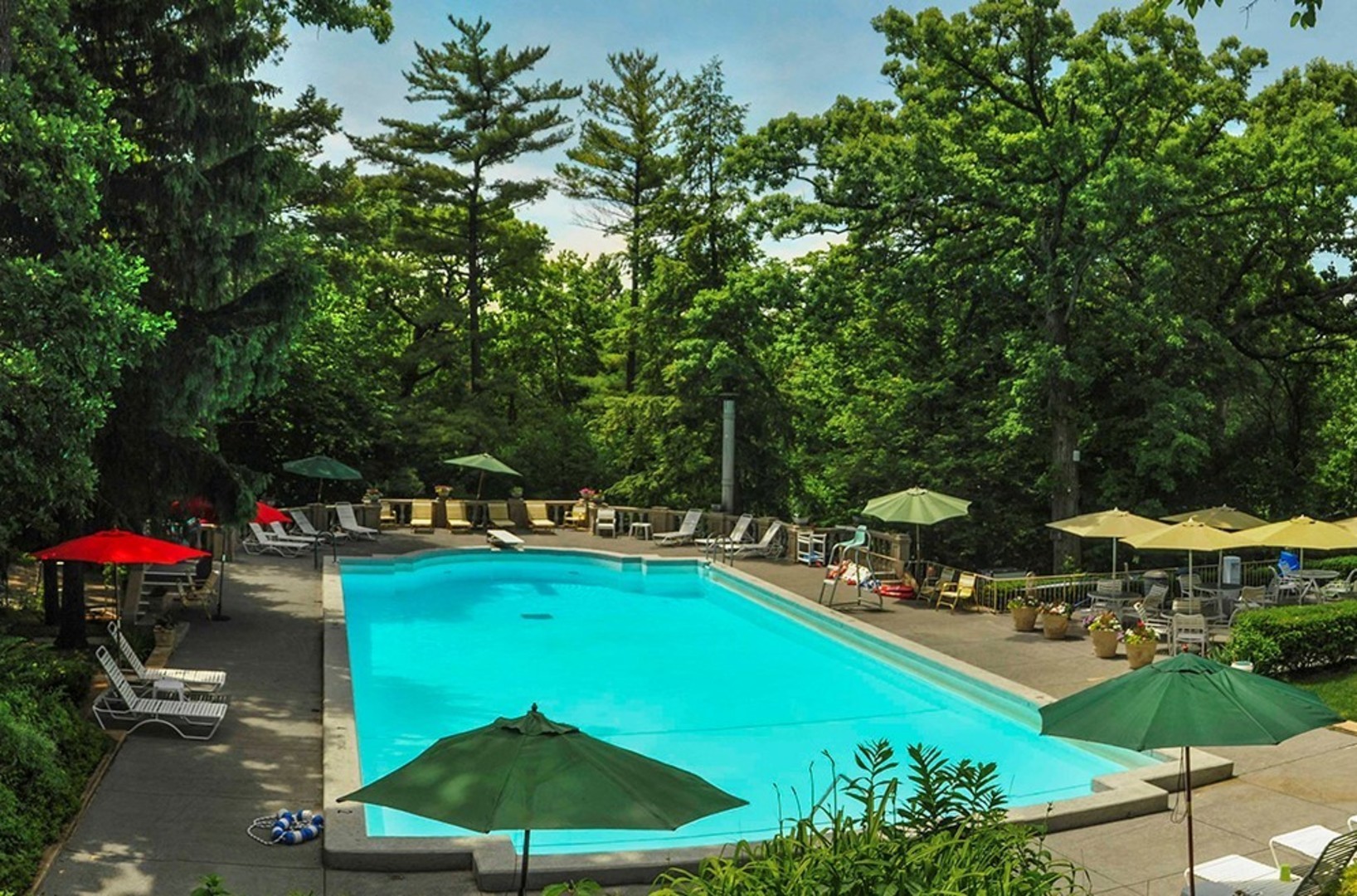 204 Country Commons Road Trout Valley, IL 60013 - Photo 45 of 58 a view of a swimming pool with a table and chairs under an umbrella