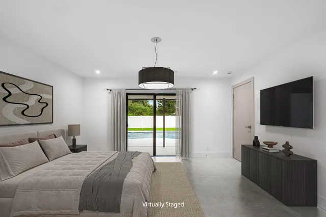 a bedroom with a bed and a flat screen tv