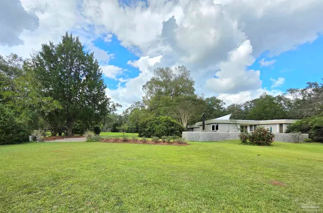 a house view with swimming pool in front of it