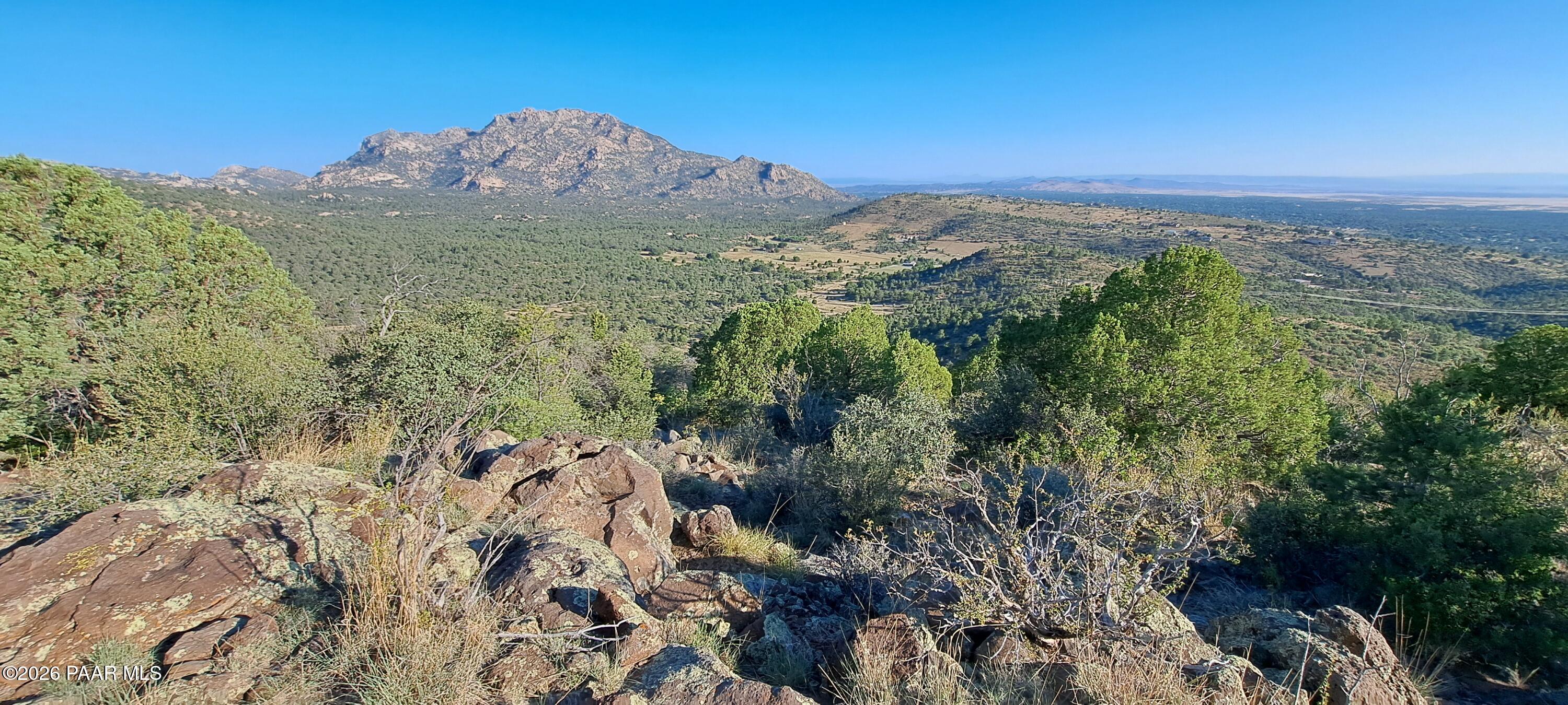 a view of a field with mountains in the background