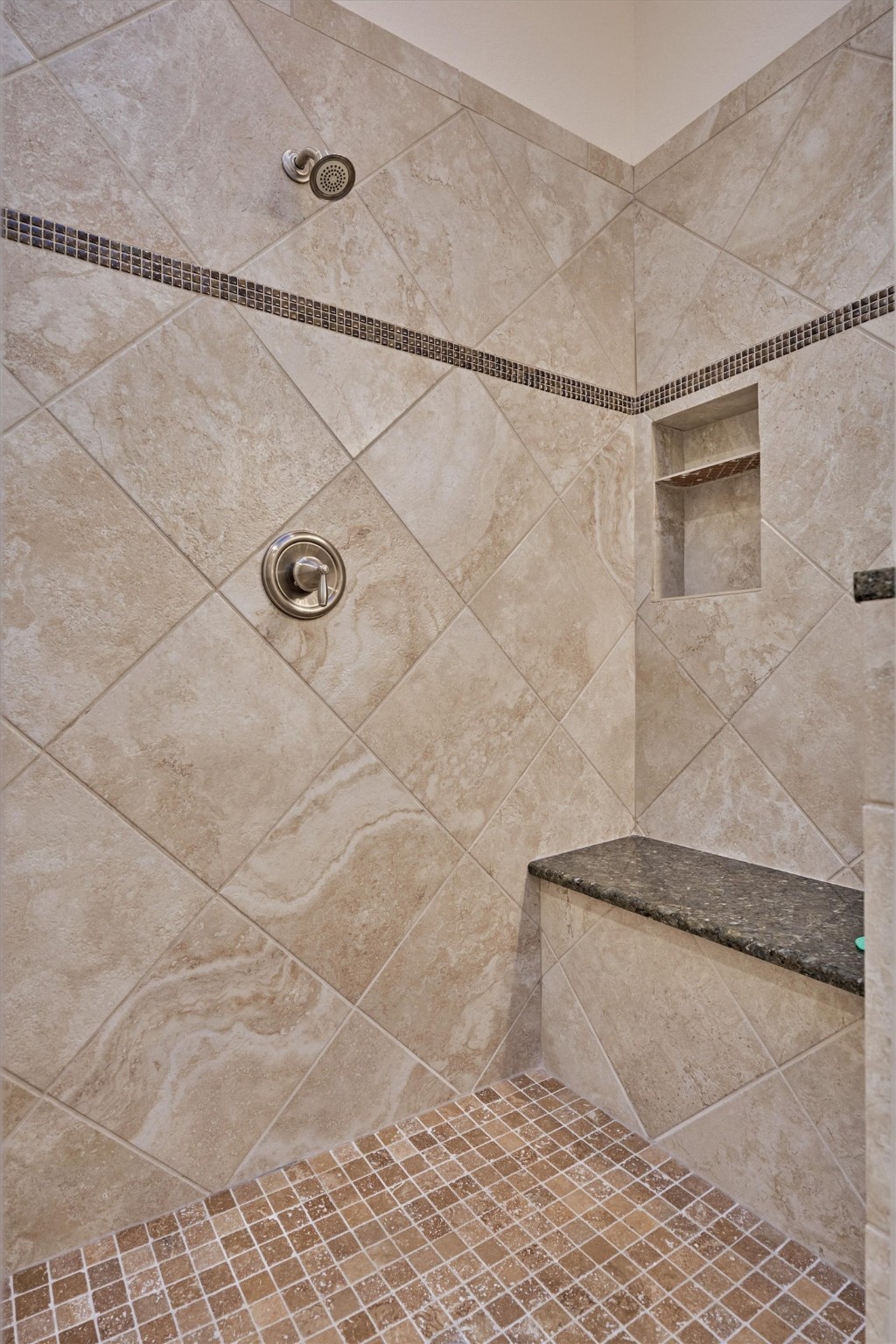 8827 Leaning Hollow Lane Spring, TX 77379 - Photo 36 of 49 Large walk in shower with granite seat and recessed shelf for your toiletries.