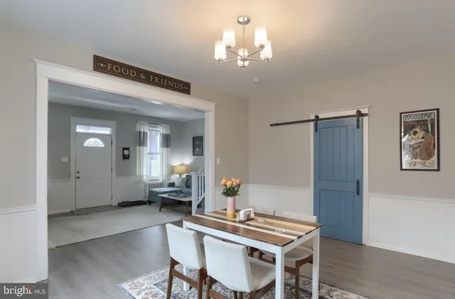 a view of a dining room with furniture and wooden floor