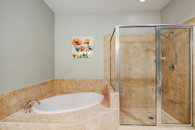 a bathroom with a bathtub and a shower