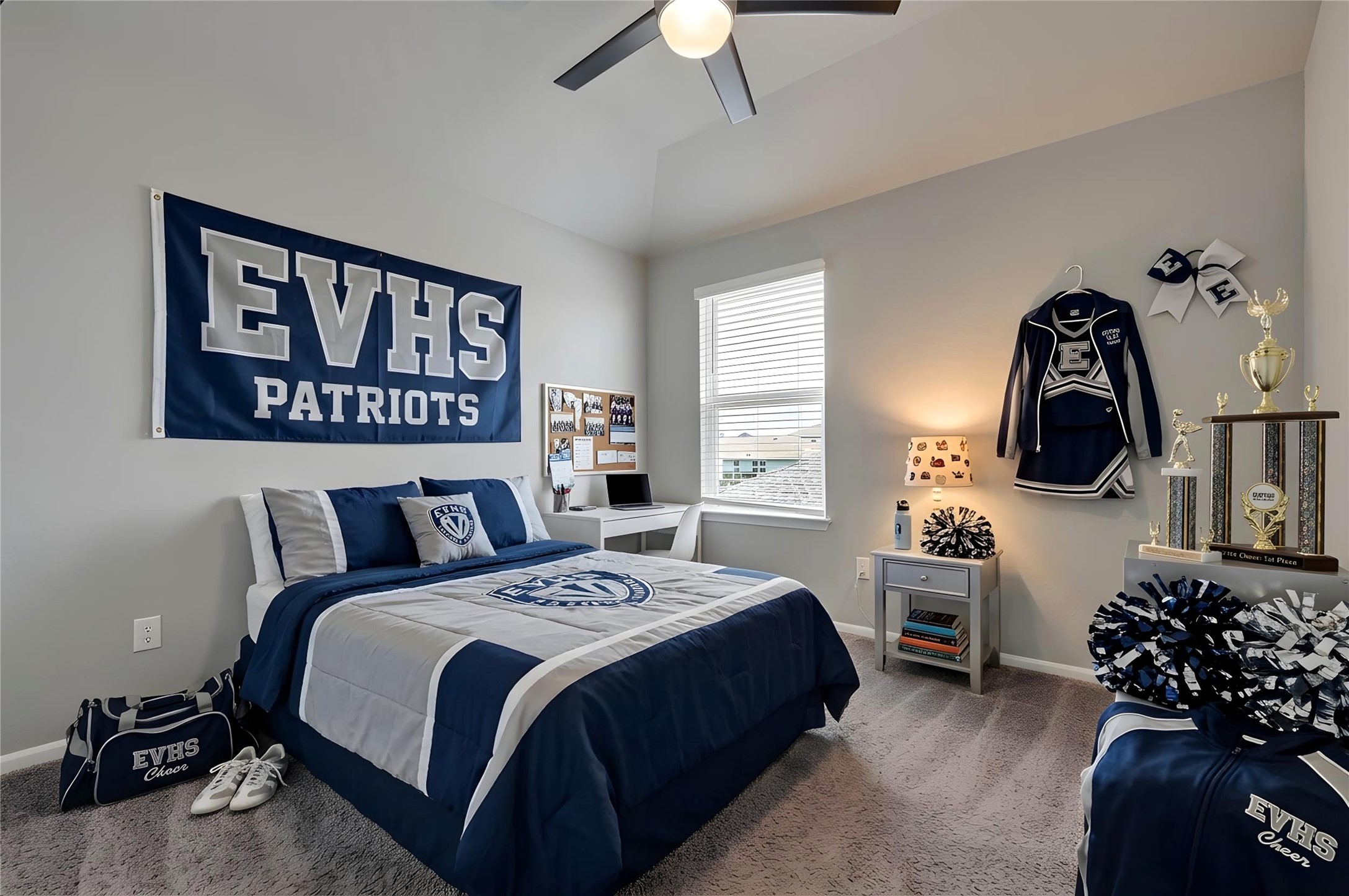 101 Crescent Street Georgetown, TX 78626 - Photo 24 of 39 Virtually staged - Bedroom #2 features vaulted ceilings and plush carpeting, creating a comfortable living space.