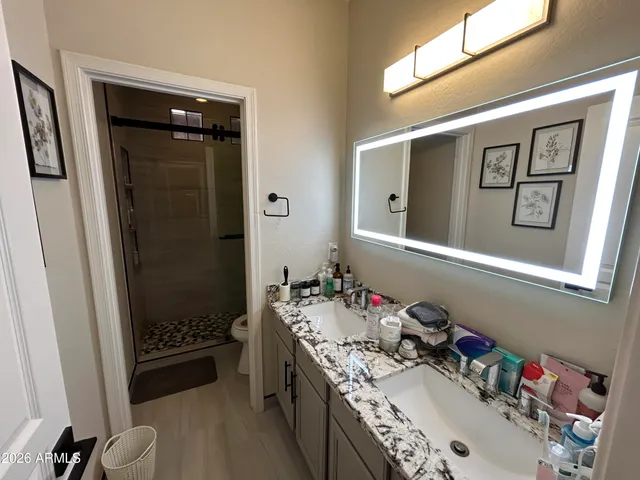 a bathroom with a double vanity sink mirror and shower