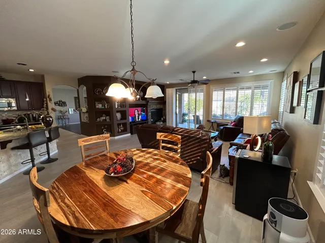 a view of a dining room with furniture