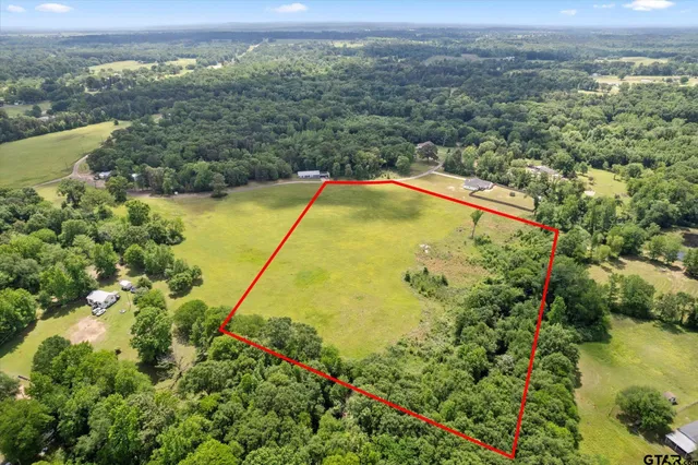 an aerial view of residential houses with outdoor space and trees