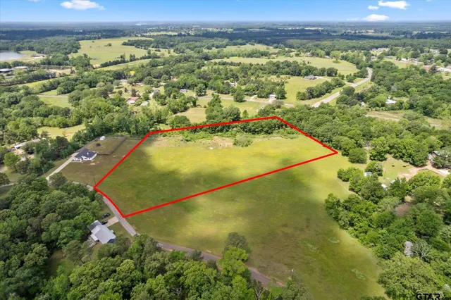 an aerial view of residential houses with outdoor space and trees