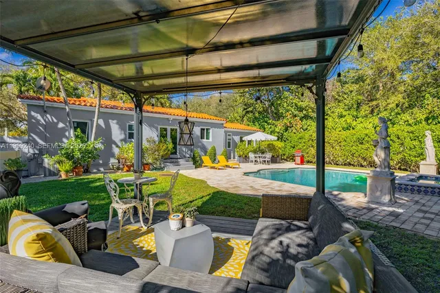 a view of backyard with outdoor seating and green space
