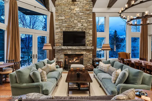 a living room with fireplace furniture and a flat screen tv