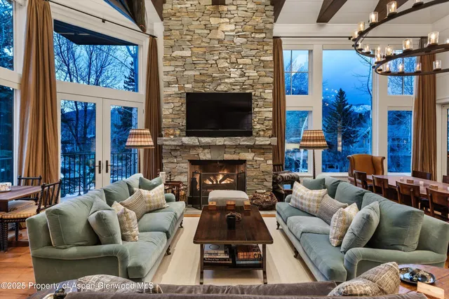 a living room with fireplace furniture and a flat screen tv