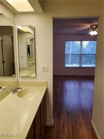 a bathroom with a sink and a large mirror