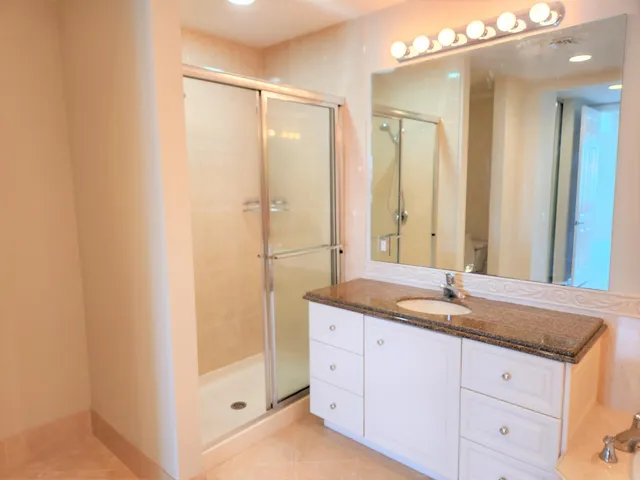 a bathroom with a granite countertop sink mirror and double