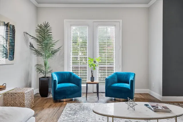 a living room with furniture a rug and a large window