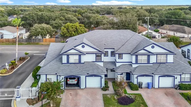 a aerial view of a house with a yard and potted plants