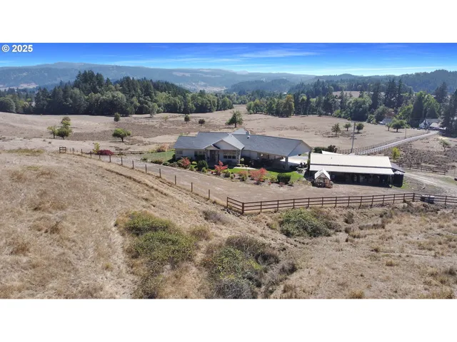 a view of a town with big trees