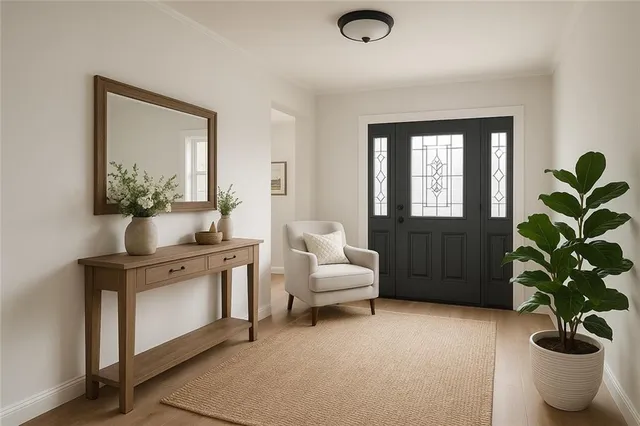 a living room with furniture and potted plant