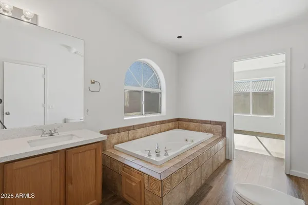 a bathroom with a sink a vanity and a bathtub