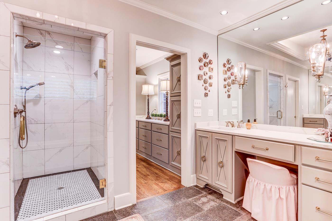 450 South Goodlett Street Memphis, TN 38117 - Photo 28 of 37 Bathroom with crown molding, a marble finish shower, vanity, recessed lighting, and light tile patterned floors