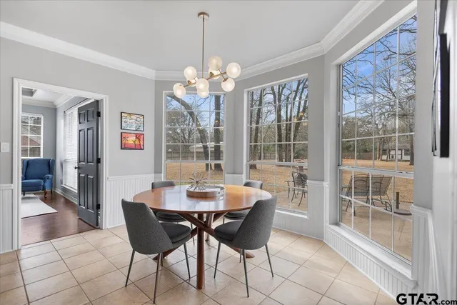 a view of a dining room with furniture wooden floor and chandelier