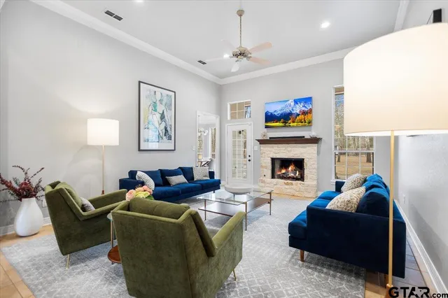 a living room with furniture and a fireplace