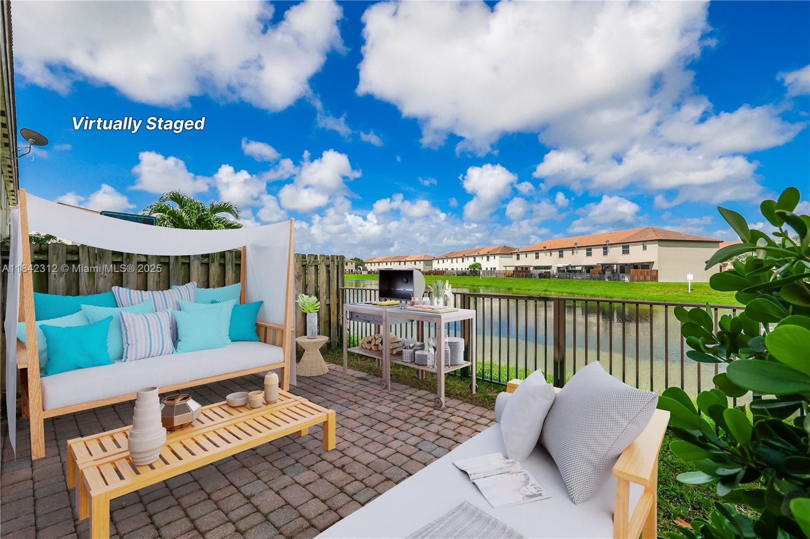a view of a chair and tables in the balcony