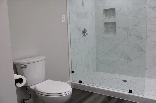 a bathroom with a toilet and a shower