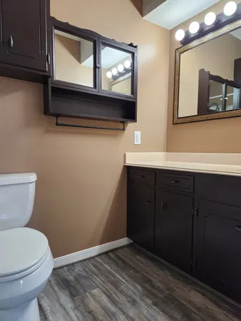a bathroom with a toilet sink and mirror
