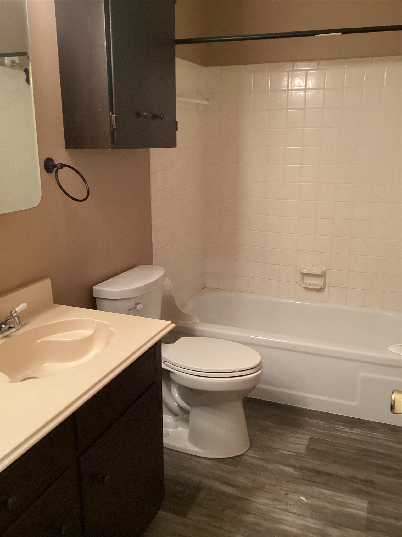 1252 Eagle Lake Road, Unit 8 Sealy, TX 77474 - Photo 16 of 18 The hall bath has extra cabinet for towels. Tiled tub/shower and wood like flooring.