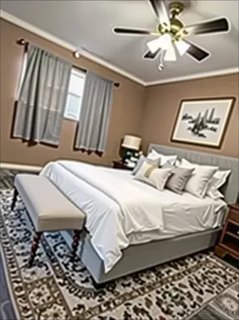 a bedroom with a bed and a painting on the wall