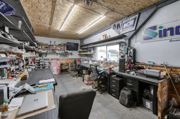 a view of a storage room with racks