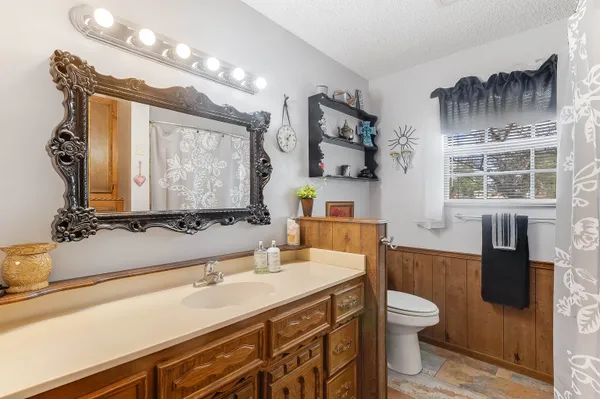 a bathroom with a sink a toilet and mirror