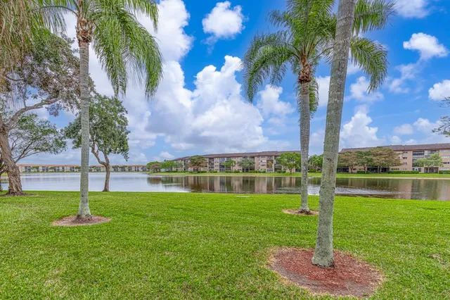 a front view of a house with a yard and palm trees