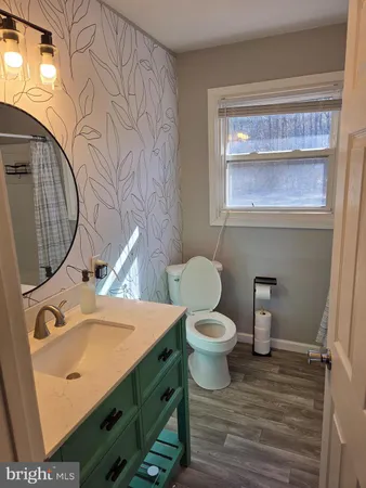 a bathroom with a toilet sink and mirror