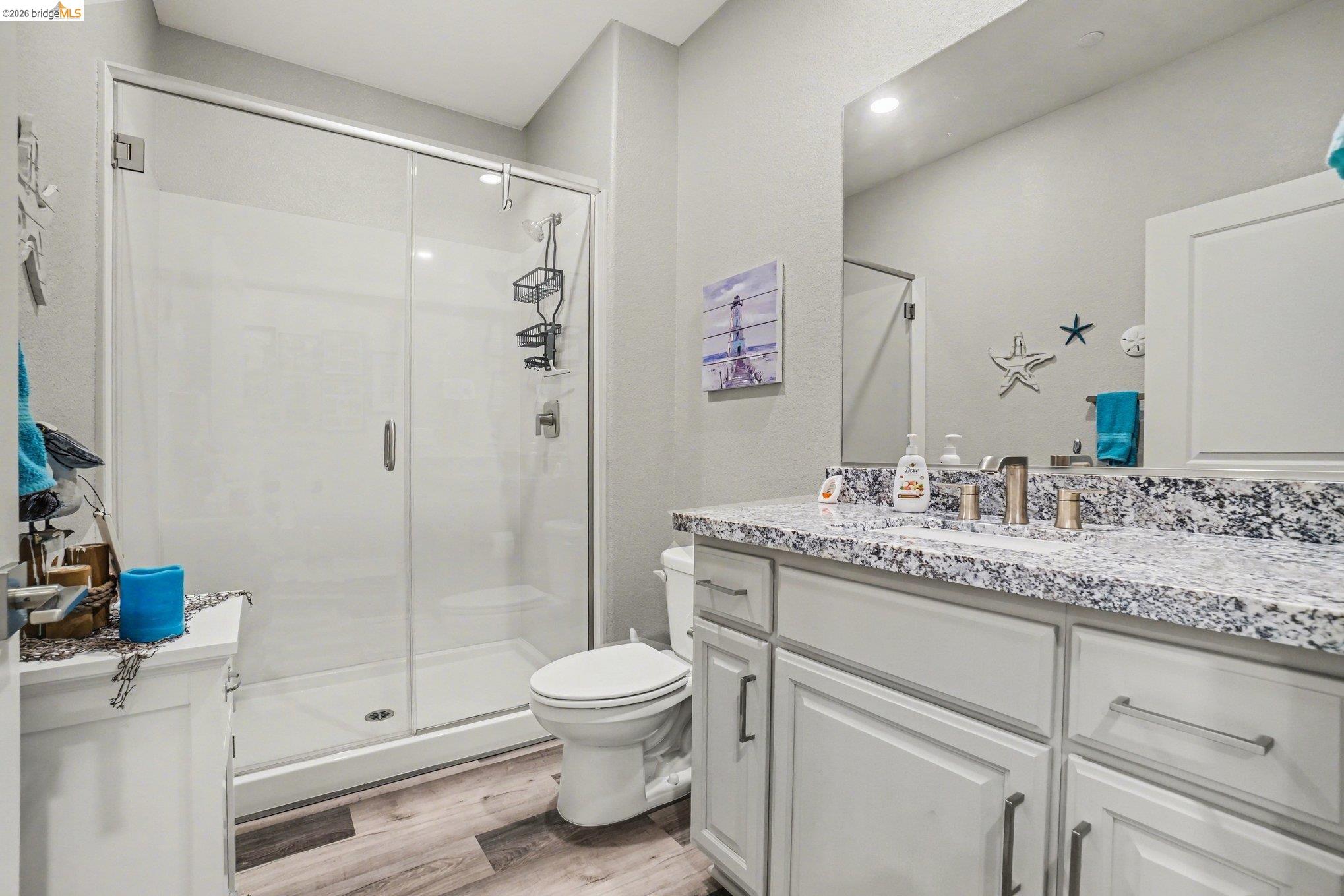 4585 Prairie Path Rio Vista, CA 94571 - Photo 22 of 45 a bathroom with a granite countertop sink a toilet and a shower