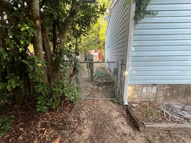 a view of a backyard with plants and large trees