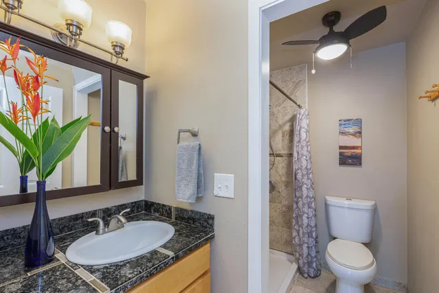 a bathroom with a granite countertop sink a toilet and a mirror