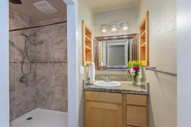 a bathroom with a granite countertop sink mirror and shower