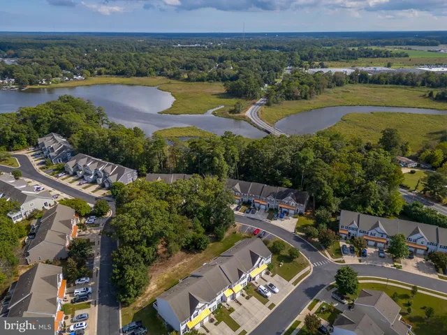 an aerial view of city and lake with trees all around