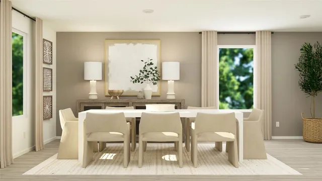 a dining room with furniture and window