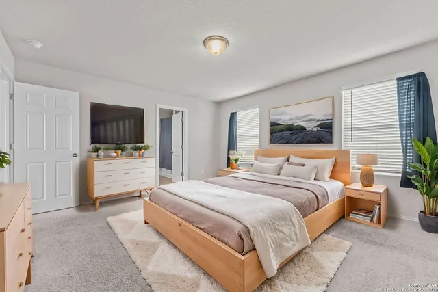 a bedroom with a large bed and a flat screen tv