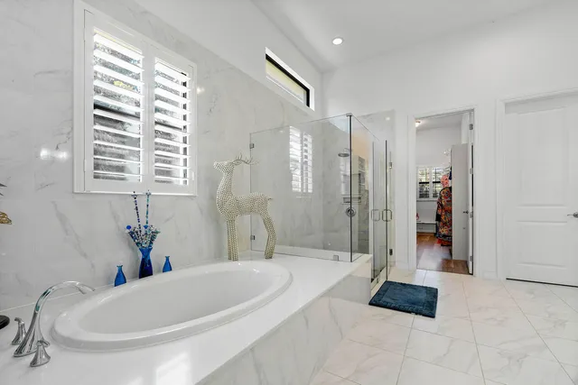 a bathroom with a bathtub and a shower