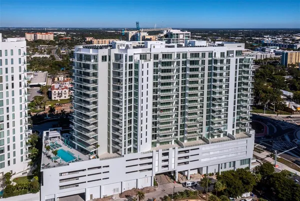 a view of a building with a street
