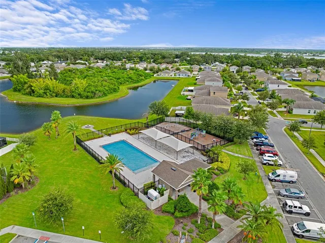 an aerial view of a house with a garden