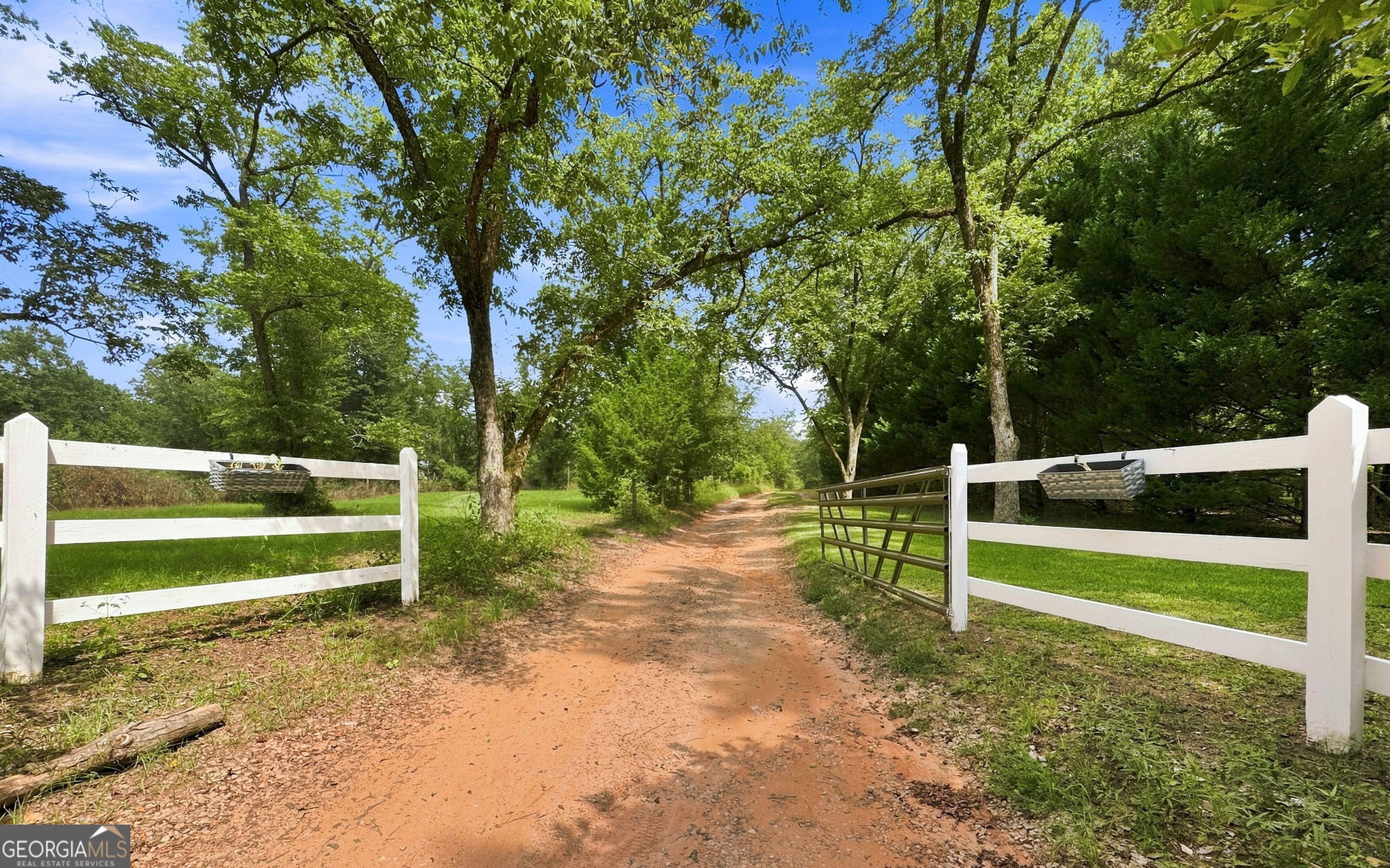 169 Silver Dollar Road Barnesville, GA 30204 - Photo 58 of 66 white fence main entrance, dirt drive lined with mature pecan trees