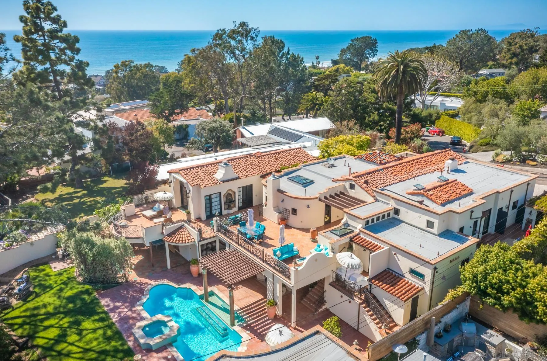 545 Rimini Road Del Mar, CA 92014 - Photo 1 of 34 an aerial view of residential house with outdoor space and swimming pool