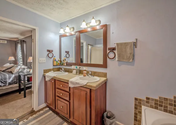 a bathroom with a sink vanity and a mirror