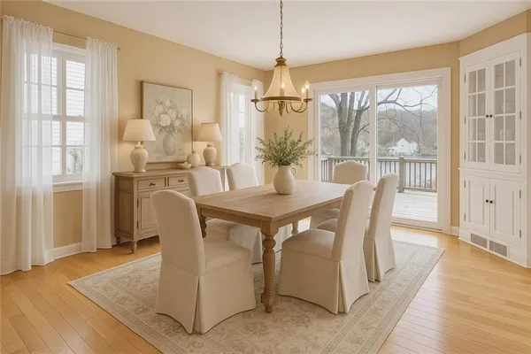 a dining room with furniture a chandelier and wooden floor