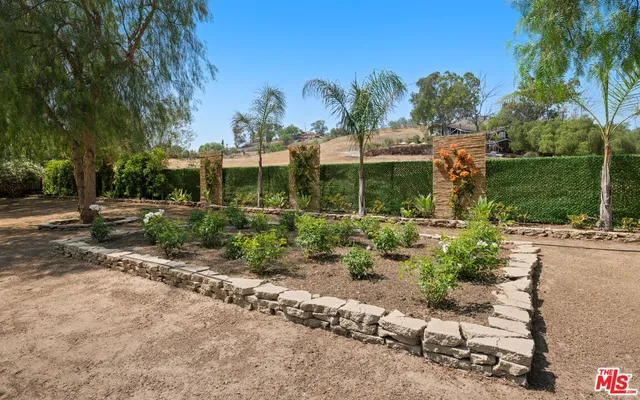 a view of a garden with a building in the background
